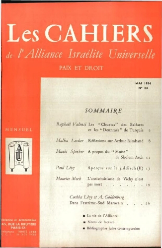 Les Cahiers de l'Alliance Israélite Universelle (Paix et Droit).  N°083 (01 mai 1954)